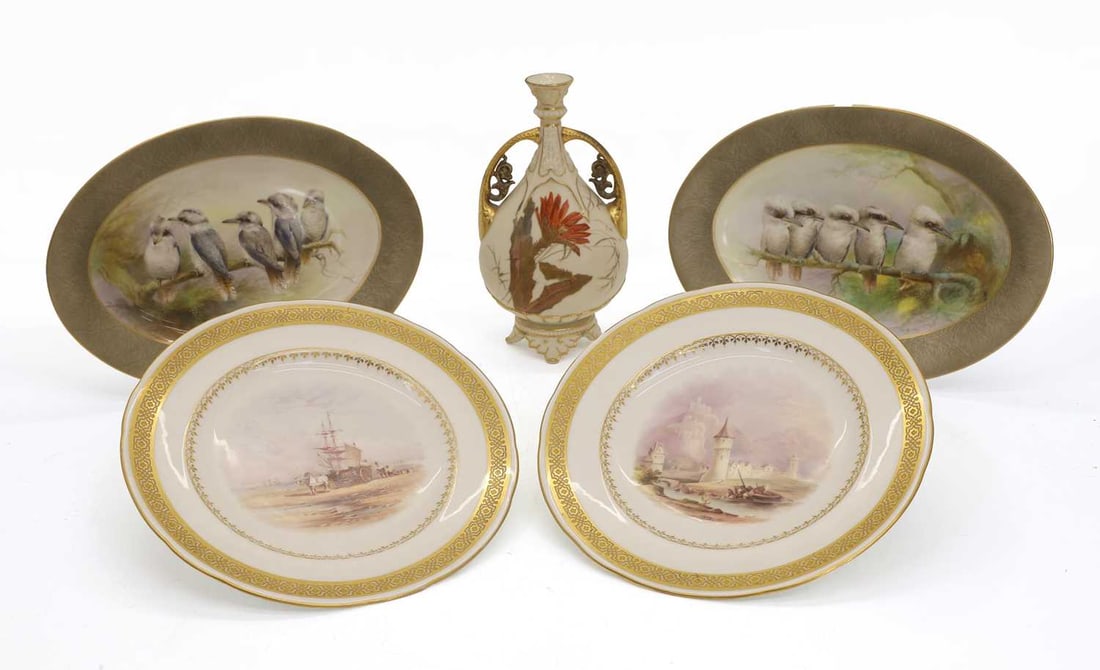 A collection of Royal Worcester porcelain, early 20th century,: A collection of Royal Worcester porcelain, early 20th century, comprising a pair of Flavelle Brothers oval dishes both depicting five Kookaburras, perched on a single branch, signed R Austin, and a bl