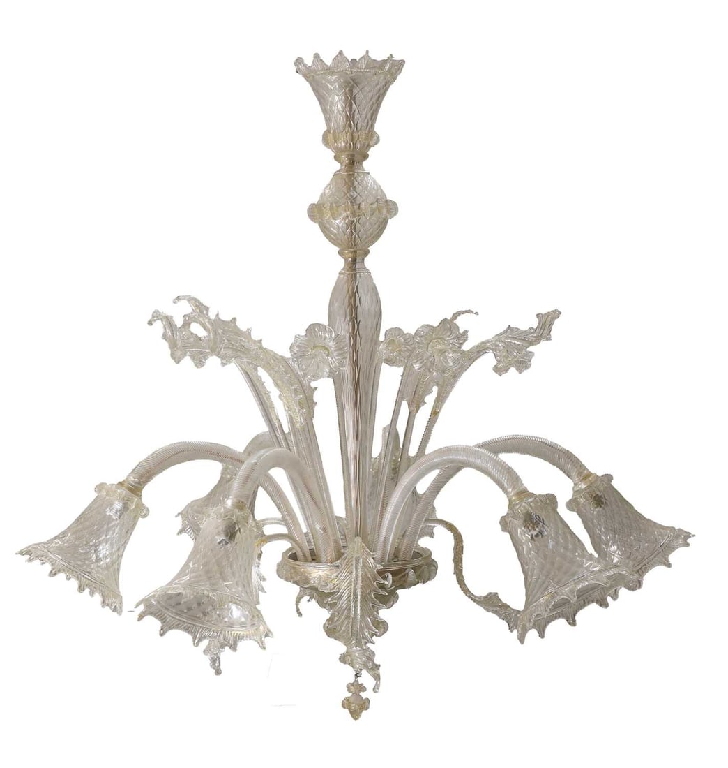 A large Murano glass chandelier,: A large Murano glass chandelier, with twisted stems and floral and leaf decorations around the bell-shaped light shades 92cm high, 110cm high Condition Report: One small leaf missing. Some minor