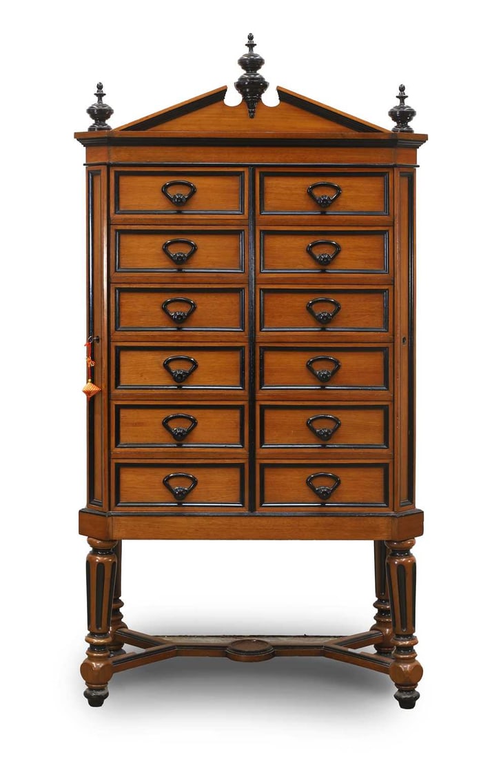 A Dutch walnut and ebonised collectors cabinet, 19th century, (1 of 2)