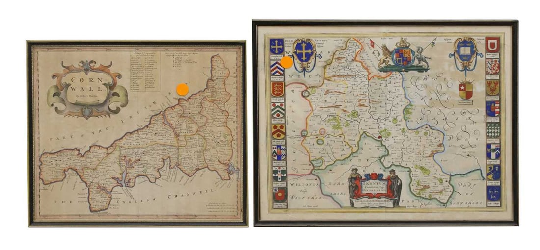 Robert Morden,: Robert Morden, engraved and hand-coloured map of Cornwall, together with one other of Oxfordshire, framed Oxfordshire map, 43.8 x 55.5cm 2