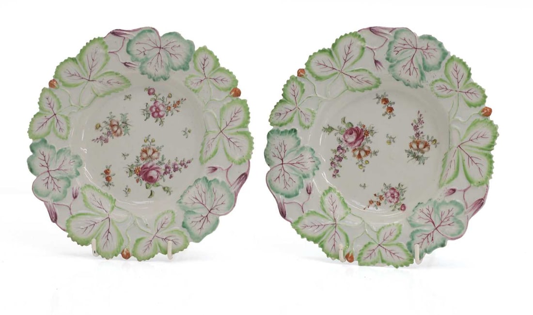 Two Longton Hall porcelain strawberry leaf moulded plates, circa 1755, (1 of 2)