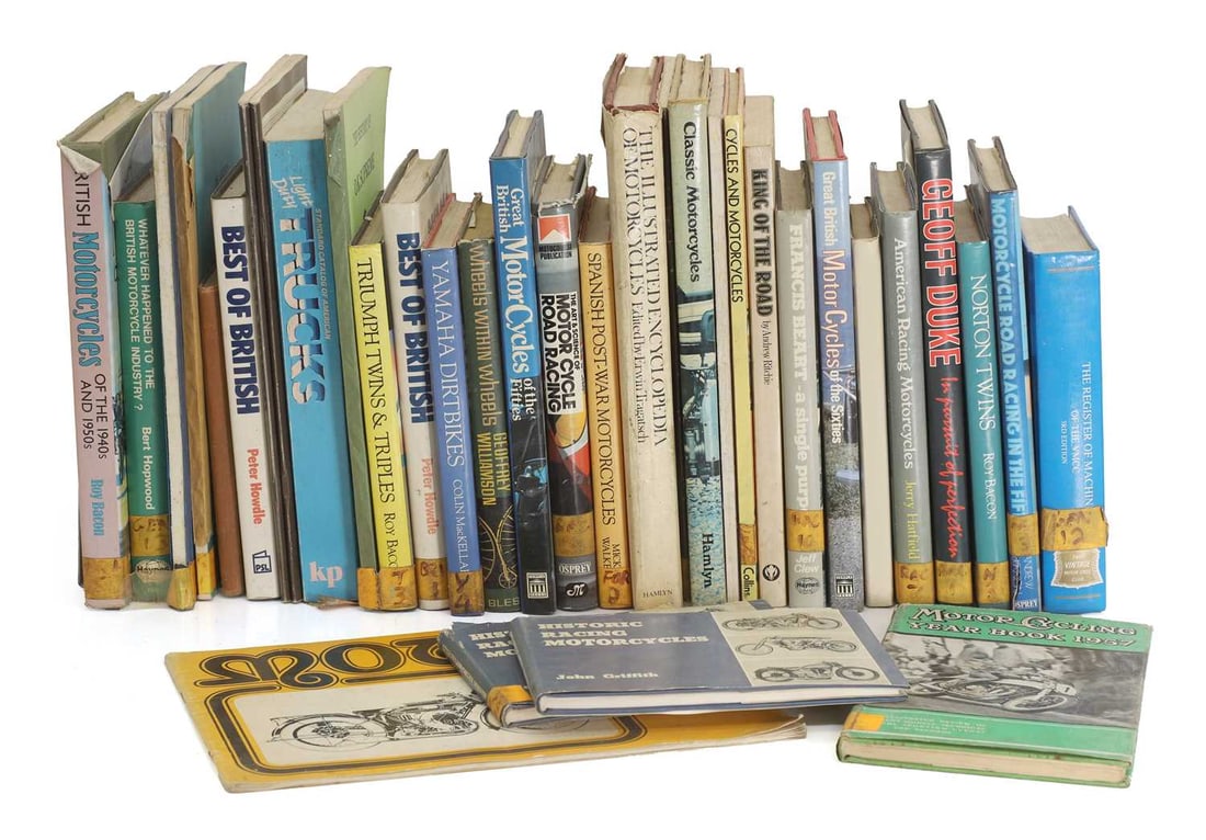 A quantity of motorcycle and motoring reference books, 20th century,: A quantity of motorcycle and motoring reference books, 20th century, including The History of OEC, The History of Rex-Acme, The History of OK Supreme and The