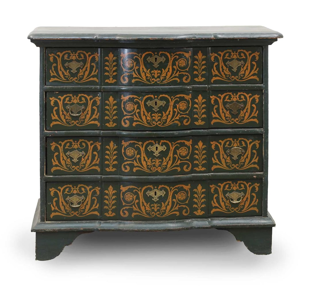 A Dutch green painted chest of drawers, 19th century,: A Dutch green painted chest of drawers, 19th century, of shaped form, the drawer fronts with ochre scrollwork, on bracket feet 91cm wide, 54cm deep, 81.5cm high Condition Report: Brassware with missin
