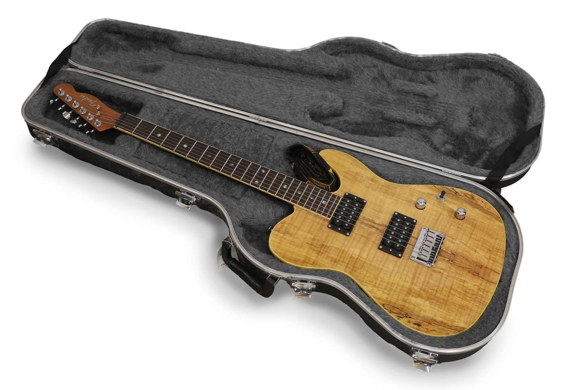 A Custom Fender HH Telecaster guitar, of modern manufacture,: A Custom Fender HH Telecaster guitar, of modern manufacture, serial no. 311517661, with a spalted maple front to body, mahogany integrated neck construction, mother-of-pearl position markers to the