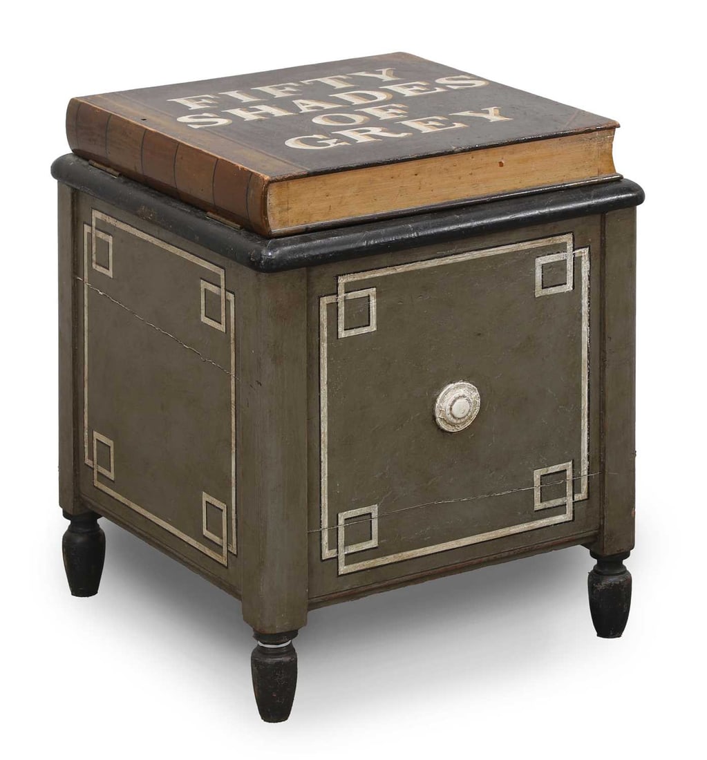 A novelty 'Fifty Shades of Grey' chest,: A novelty 'Fifty Shades of Grey' chest, painted white and grey with faux handles to the sides, the top modelled as a book and inscribed 'FIFTY SHADES OF GREY' 44cm wide, 44cm deep, 55cm high