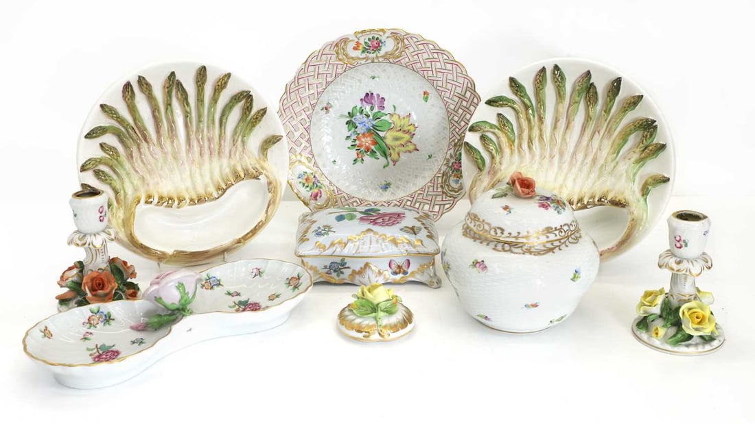 A collection of Herend ceramics,: A collection of Herend ceramics, to include a pierced and basket-weave plate decorated with a bouquet of flowers, a rectangular lidded dish, a lidded vase with basket-weave base and rose finial, a