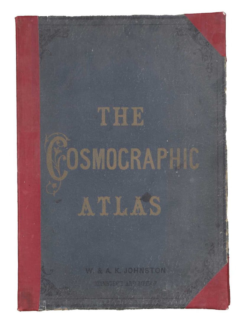 The Cosmographic Atlas,: The Cosmographic Atlas, published by W & A.K Johnston, Edinburgh and London, 1893 27cm wide, 49cm high Condition Report: Some flight holes to the pages. Foxing and browning to the pages.