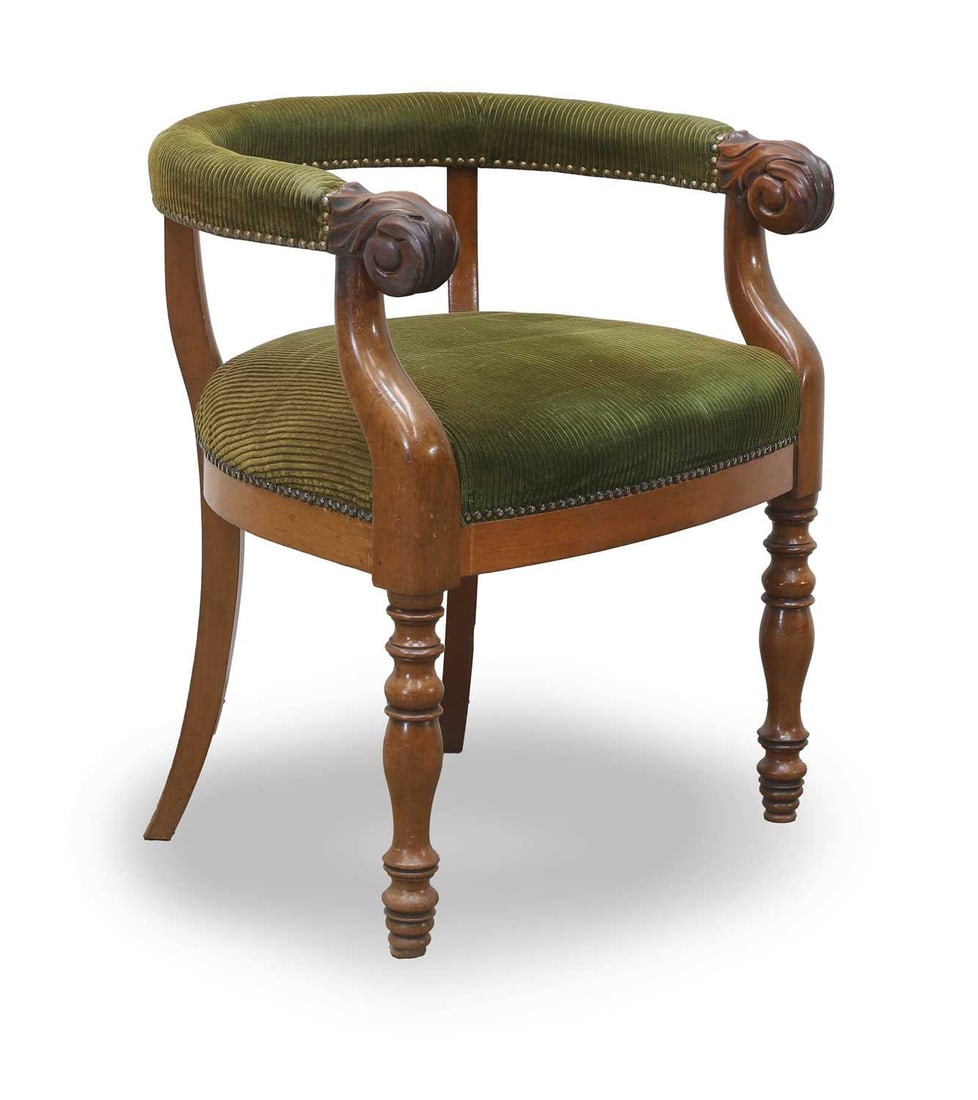 A desk chair, late 19th century,: A desk chair, late 19th century, with a green upholstered back and seat, with carved terminals, raised on turned supports 62cm wide, 50cm deep, 74cm high, seat 50cm