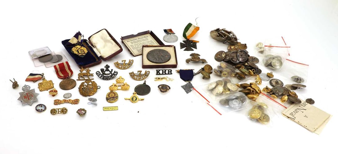 A collection of cap badges and shoulder badges 20th century,: A collection of cap badges and shoulder badges 20th century, two Women's Land Army enamelled badges, a Royal Dublin Fusiliers cap badge, a RAF cap badge, a silver 'Band of Hope' medal, enamel mounted