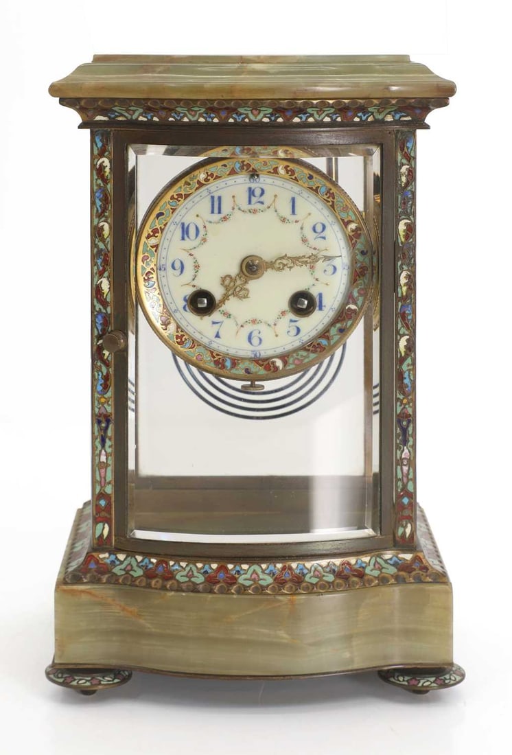 A French mantel clock, circa 1900,: A French mantel clock, circa 1900, with enamel decoration and onyx base, the enamelled dial with Arabic chapter ring and floral swags, and twin mercury pendulum 16cm wide, 12.5cm deep, 25cm high