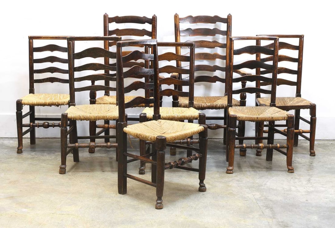 A set of six George III country made ladder back chairs, (1 of 2)