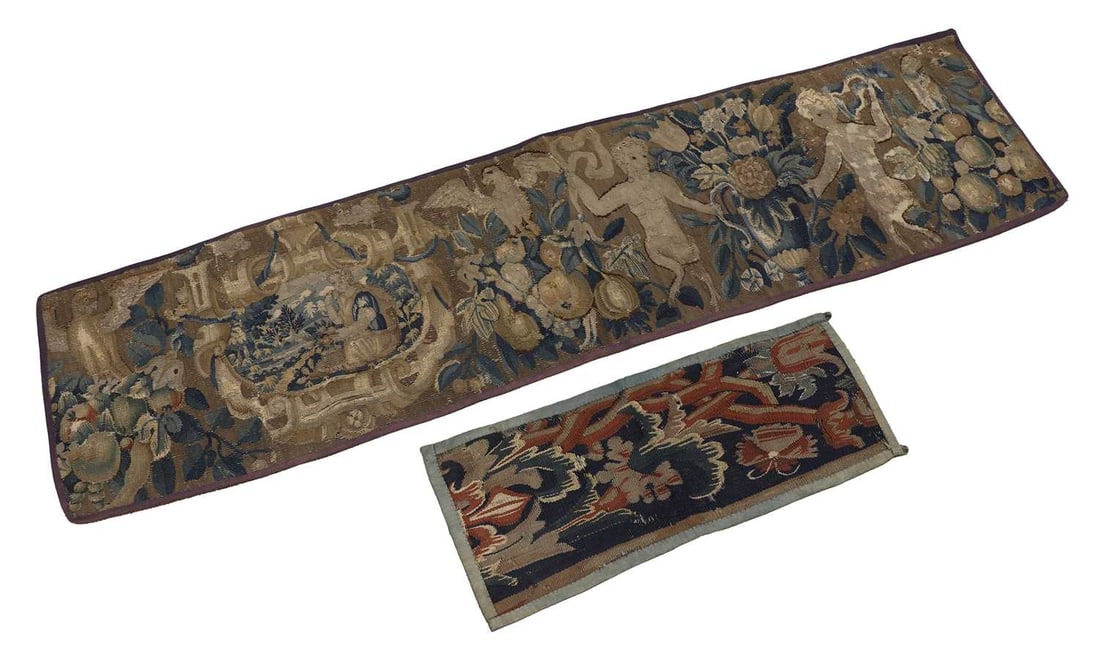 Two tapestry banners or fragments, 17th/18th century,: Two tapestry banners or fragments, 17th/18th century, each backed, the first decorated with fauns and fruit and the smaller example with floral motif 35.5 x 142cm and 22.5 x 55cm 2 Condition Report: