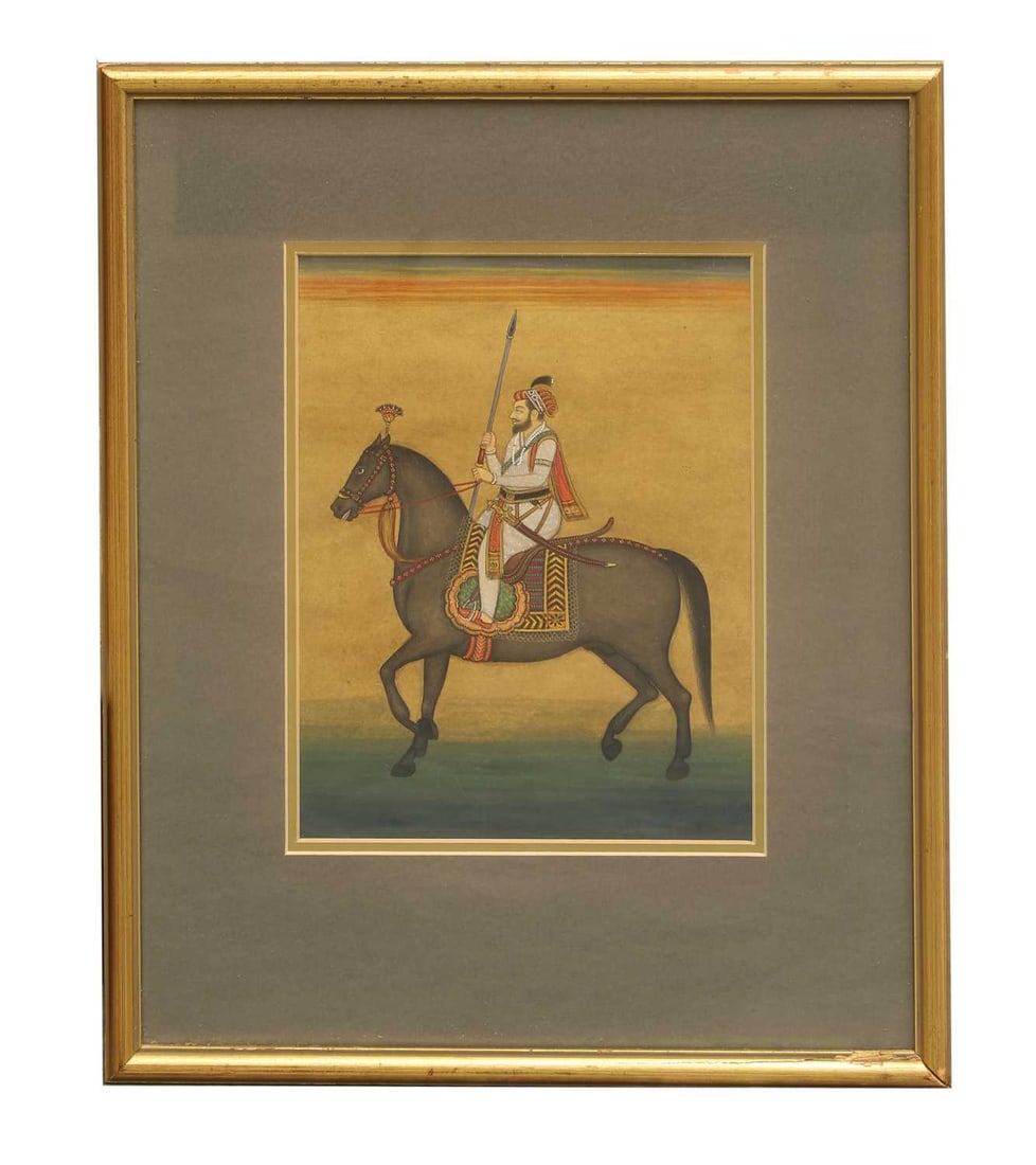 An Indian equestrian painting, 20th century, Northern India, Rajasthan,: An Indian equestrian painting, 20th century, Northern India, Rajasthan, the vertical composition depicting a nobleman on horseback wearing a white muslin tunic and a red headdress, a tulwar at his