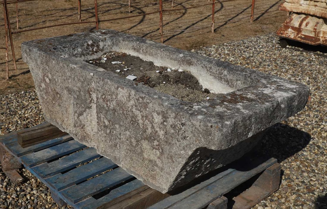 A large cut stone trough, 19th century,: A large cut stone trough, 19th century, of rectangular form, with tapering ends 148cm wide, 66.5cm deep, 40cm high Condition Report: Would need specialist haulage to collect.