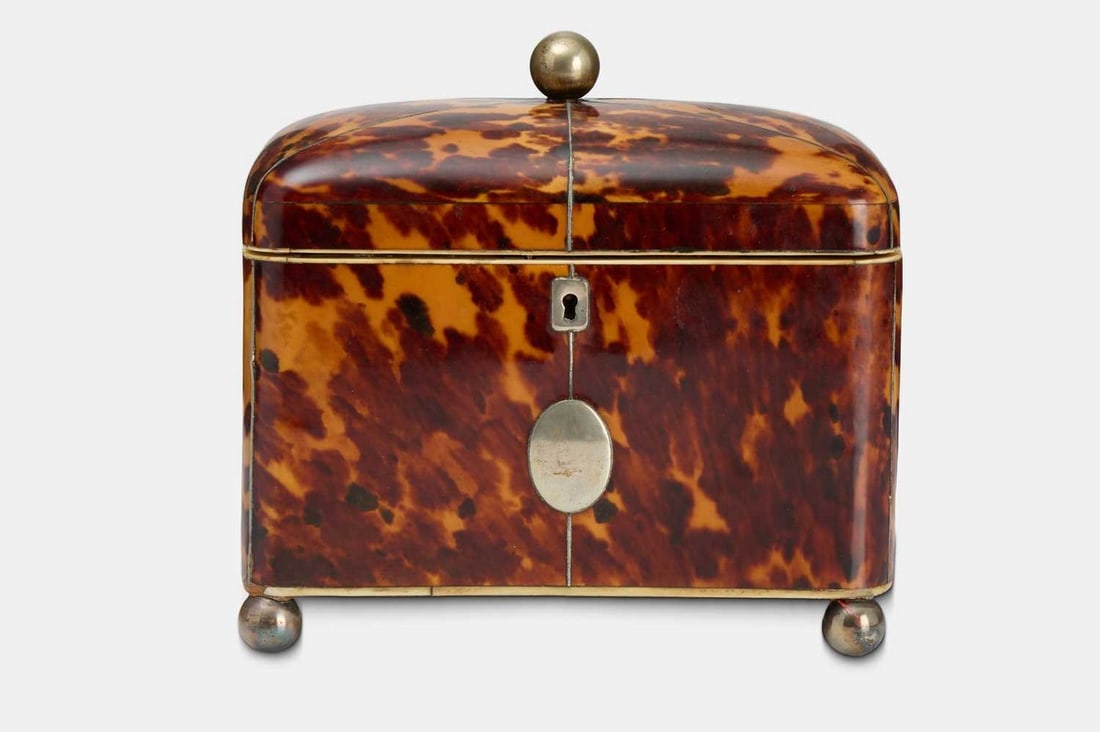 A George III tortoiseshell, silver and ivory tea caddy, late 18th/early 19th century, (1 of 3)