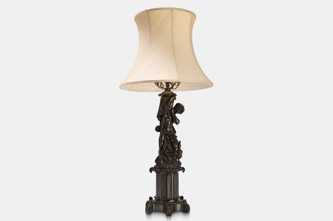 A bronze figural table lamp, late 19th century, French, (1 of 3)