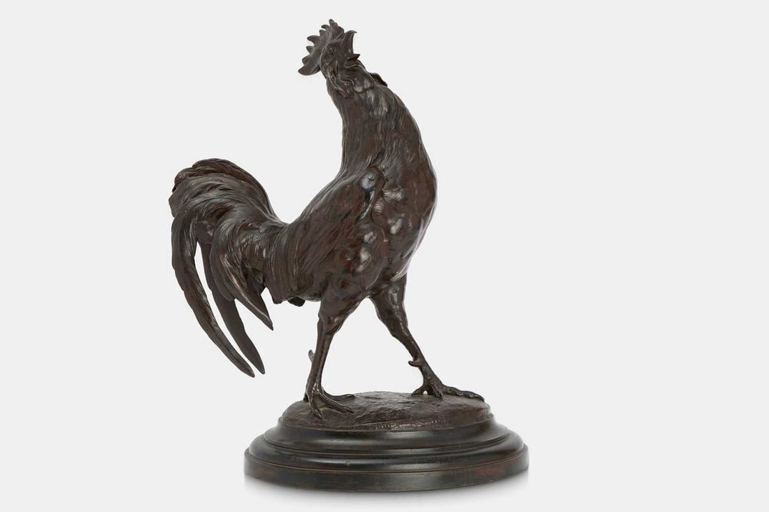 Alfred Barye (French, 1839-1882), A patinated bronze cockerel sculpture, 19th century, (1 of 3)