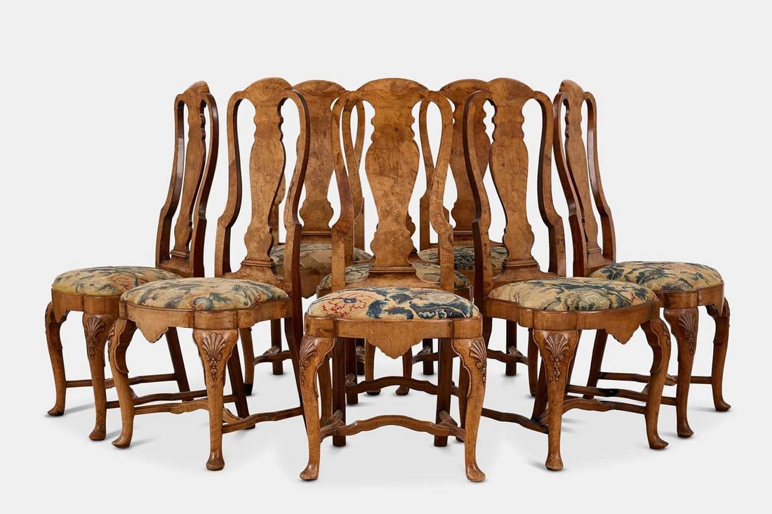 A set of eight George I Anglo-Dutch walnut side chairs, early 18th century, (1 of 6)