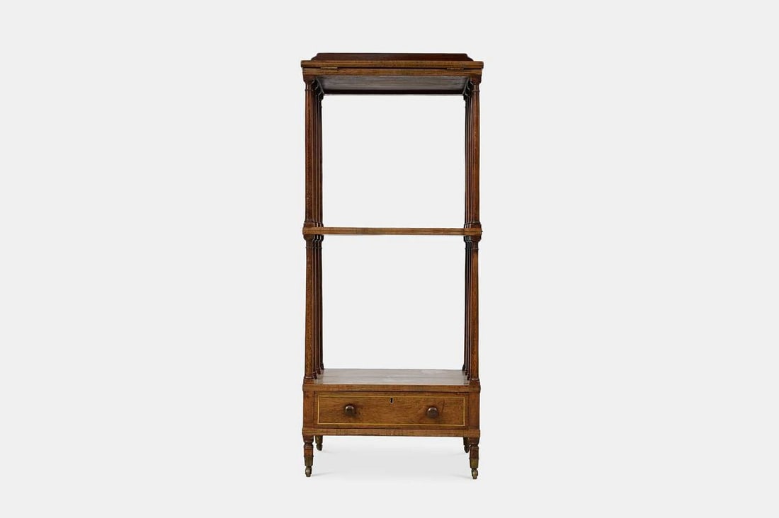 A George IV rosewood and brass-inlaid whatnot music stand, second quarter of the 19th century,: A George IV rosewood and brass-inlaid whatnot music stand, second quarter of the 19th century, with a ratchet top over two shelves, above a single short drawer fitted to the base, raised on turned sup