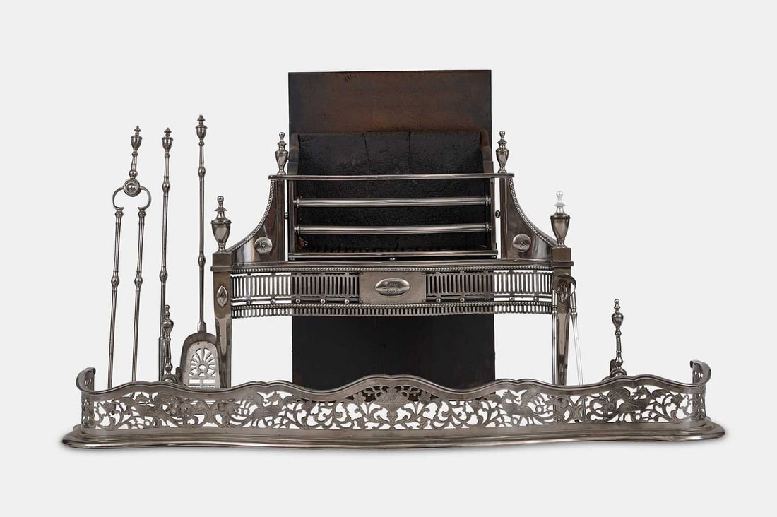A George III polished steel and iron fire set, late 18th/early 19th century, (1 of 5)