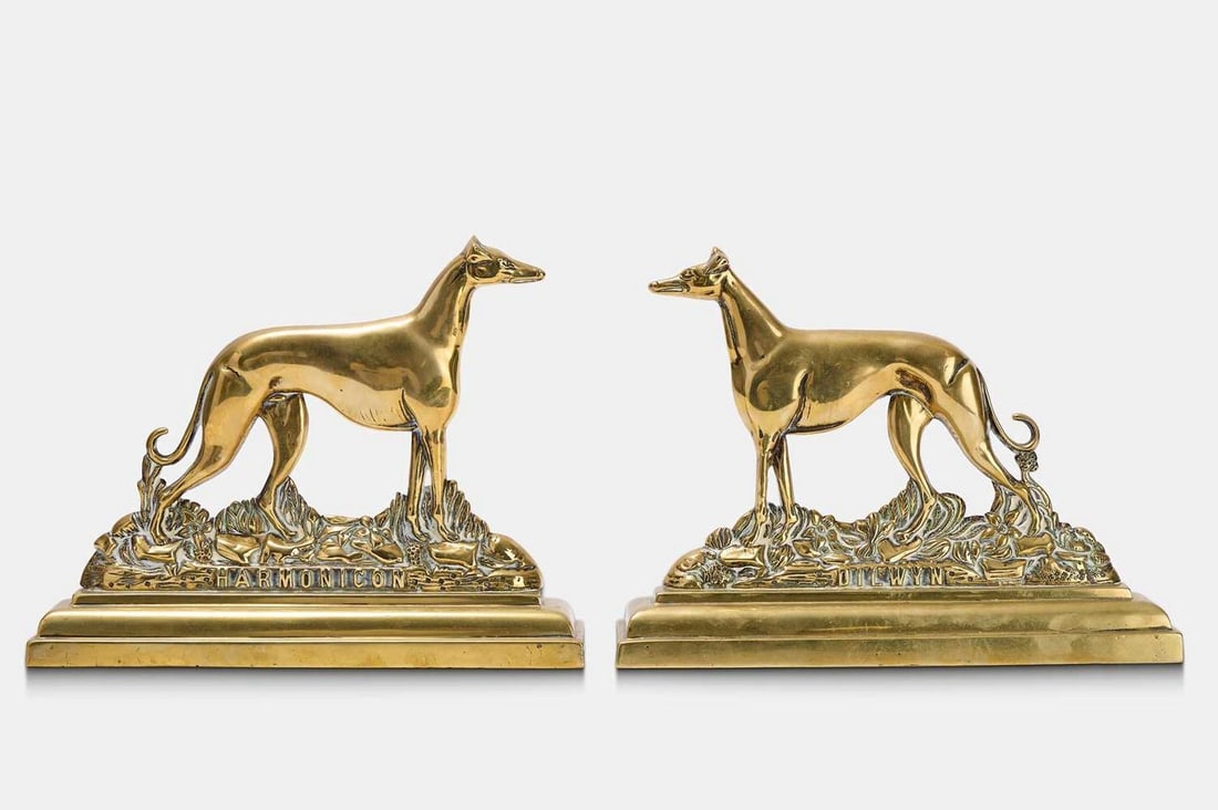 A pair of brass greyhound doorstops, 20th century, (1 of 3)