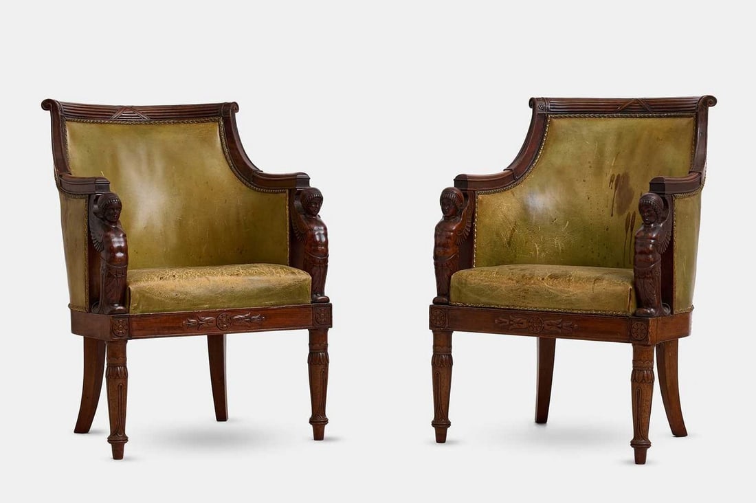 A pair of Empire mahogany bergère library armchairs, circa 1810, French, (1 of 5)