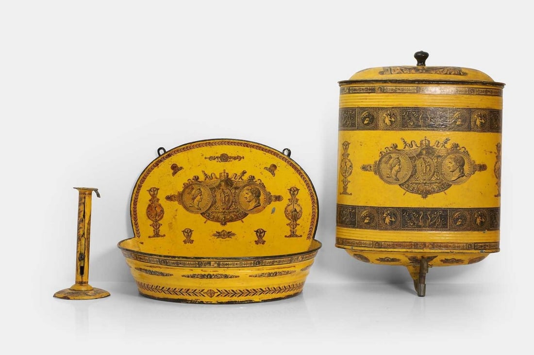 A toleware basin, cistern and candlestick, 19th century, French, (1 of 2)