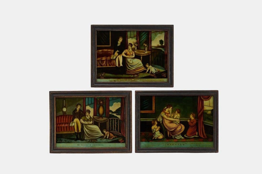 A set of three late George III reverse glass prints, circa 1800, (1 of 6)