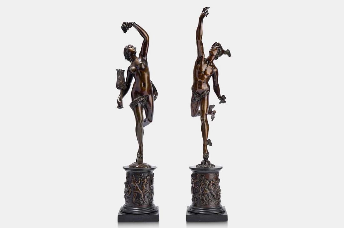 After Jean de Boulogne aka 'Giambologna', a pair of large bronze figures, late 19th/early 20th: After Jean de Boulogne aka 'Giambologna', a pair of large bronze figures, late 19th/early 20th century, depicting Fortuna and Mercury, each raised on a plinth base (Fortuna 16cm wide, 16cm deep, 76cm 