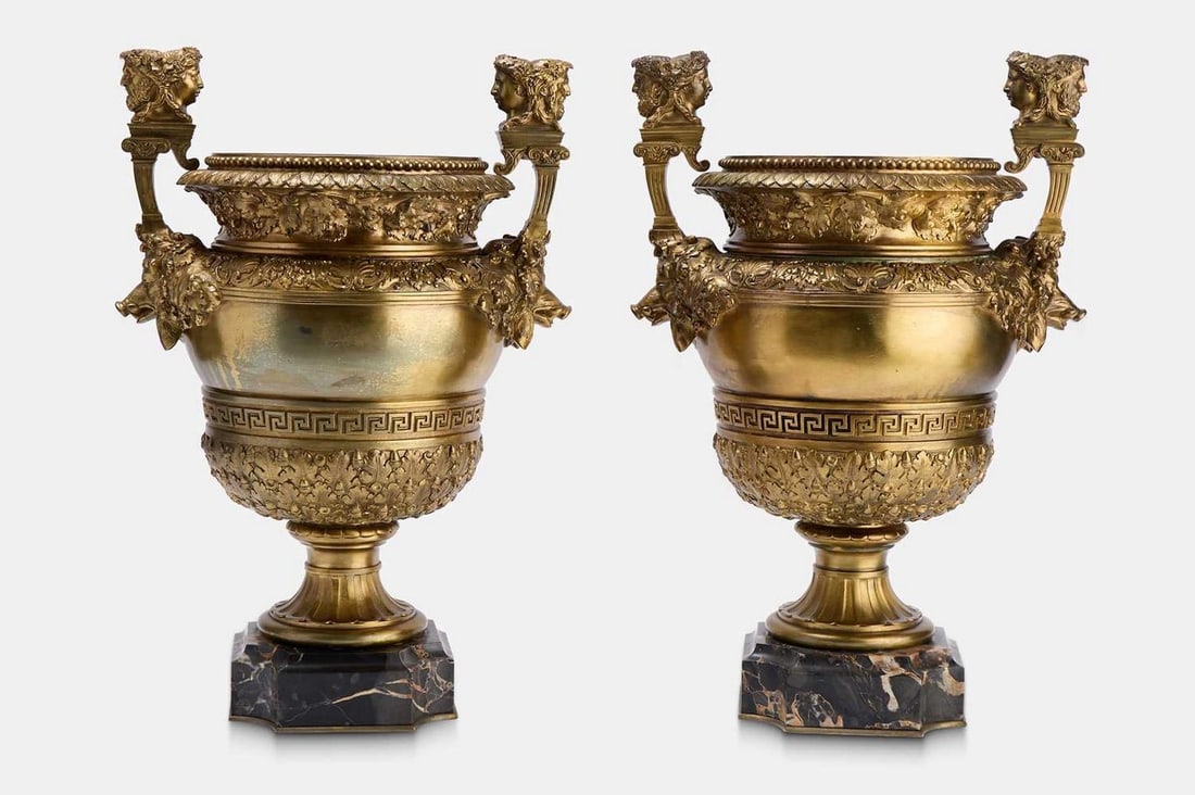 A pair of neoclassical gilt-bronze urns, 19th century, Italian, in the manner of Benedetto (1 of 2)