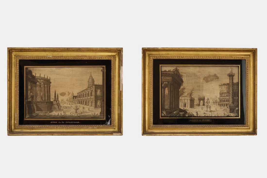 A pair of silk and hair embroidered pictures of Rome, late 18th century,: A pair of silk and hair embroidered pictures of Rome, late 18th century, each within an églomisé surround, titled 'Rome in its Splendour' and 'Ruins of Rome' respectively (30.5 x 43cm; frame