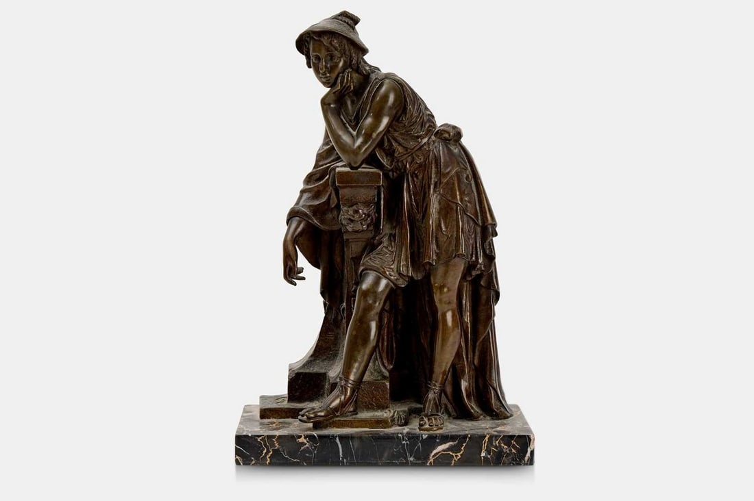 A grand tour bronze, late 19th/early 20th century,: A grand tour bronze, late 19th/early 20th century, depicting a classical youth, on a Nero Portoro base (19cm wide, 12cm deep, 28cm high)
