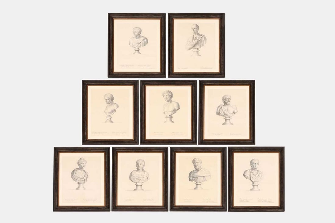 Étienne Baudet (French, 1638-1711), late 17th century, a collection of nine engravings,: Étienne Baudet (French, 1638-1711), late 17th century, a collection of nine engravings, from the 'Tableaux du cabinet du roi, statues et bustes antiques des maisons royales' series (35 x 27cm; framed