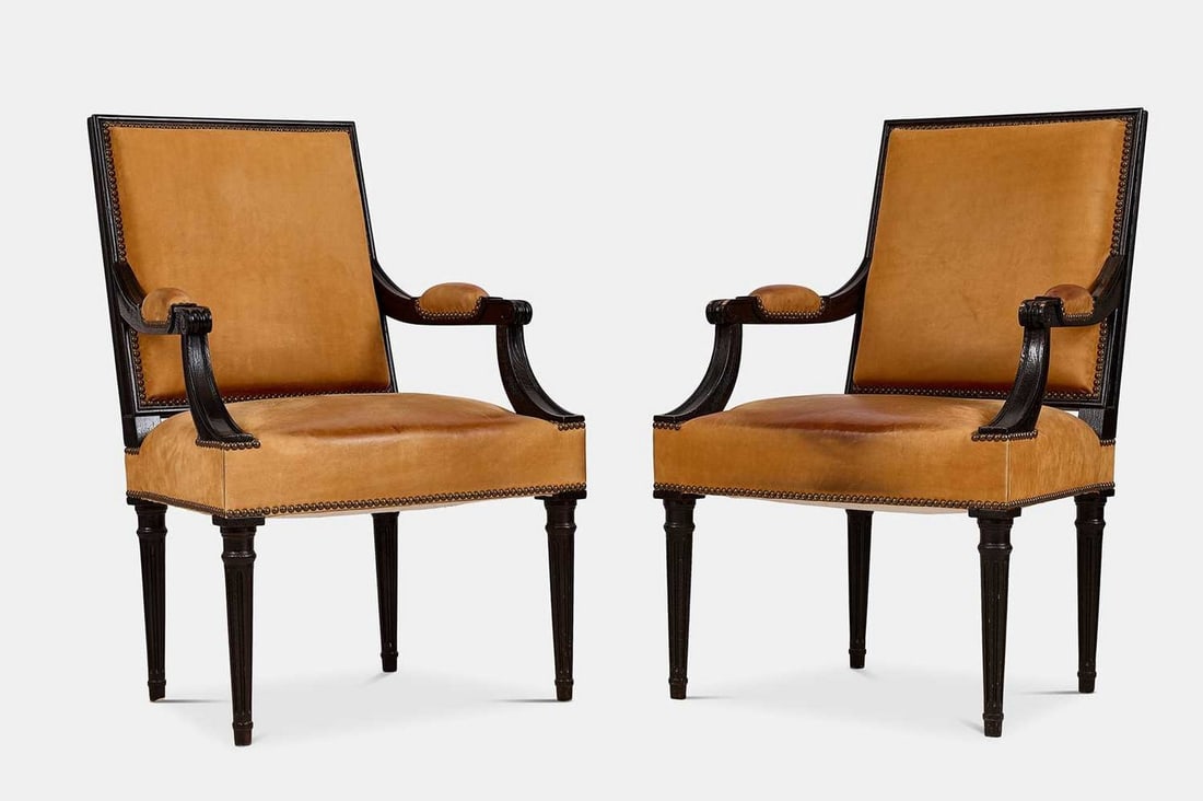 A pair of Louis XVI-style suede leather armchairs, of recent manufacture, (1 of 4)