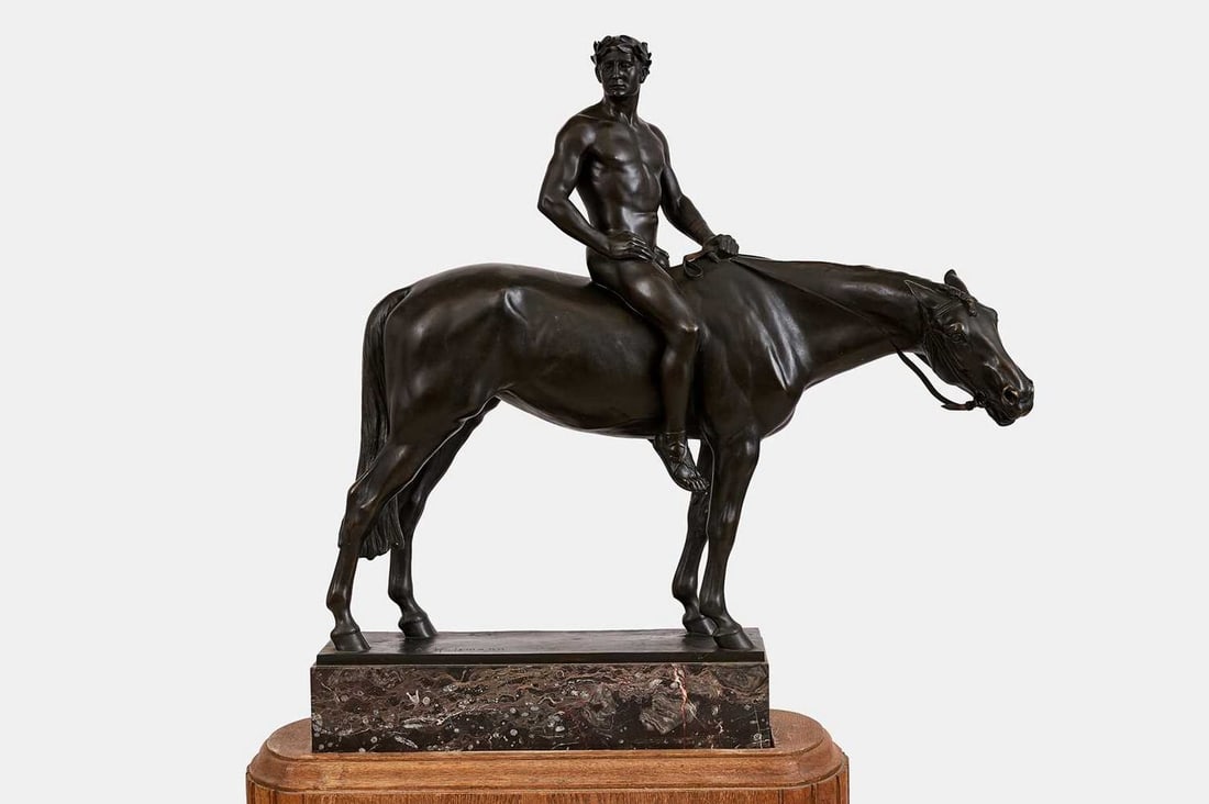 Albert Hinrich Hussmann (German, 1874-1946), 'The Olympic Champion',: Albert Hinrich Hussmann (German, 1874-1946), 'The Olympic Champion', a patinated bronze figure group, signed to the base and inscribed 'A. Hussmann fec. Akt.-Ges. H. Gladenbeck Berlin - D625 ', raised