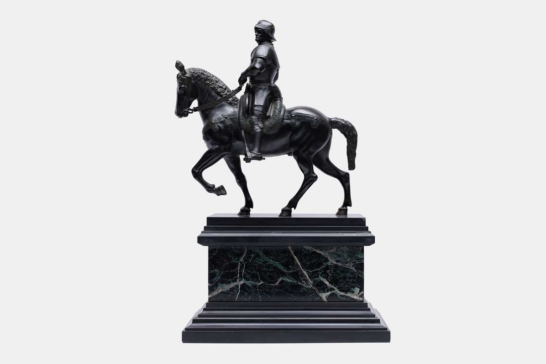 After Andrea del Verrocchio, a bronze statue of Bartolomeo Colleoni, 19th century,: After Andrea del Verrocchio, a bronze statue of Bartolomeo Colleoni, 19th century, mounted on a stepped Verde Levanto marble and ebonised base (36cm wide, 21cm deep, 56cm high) Condition Report: Good 