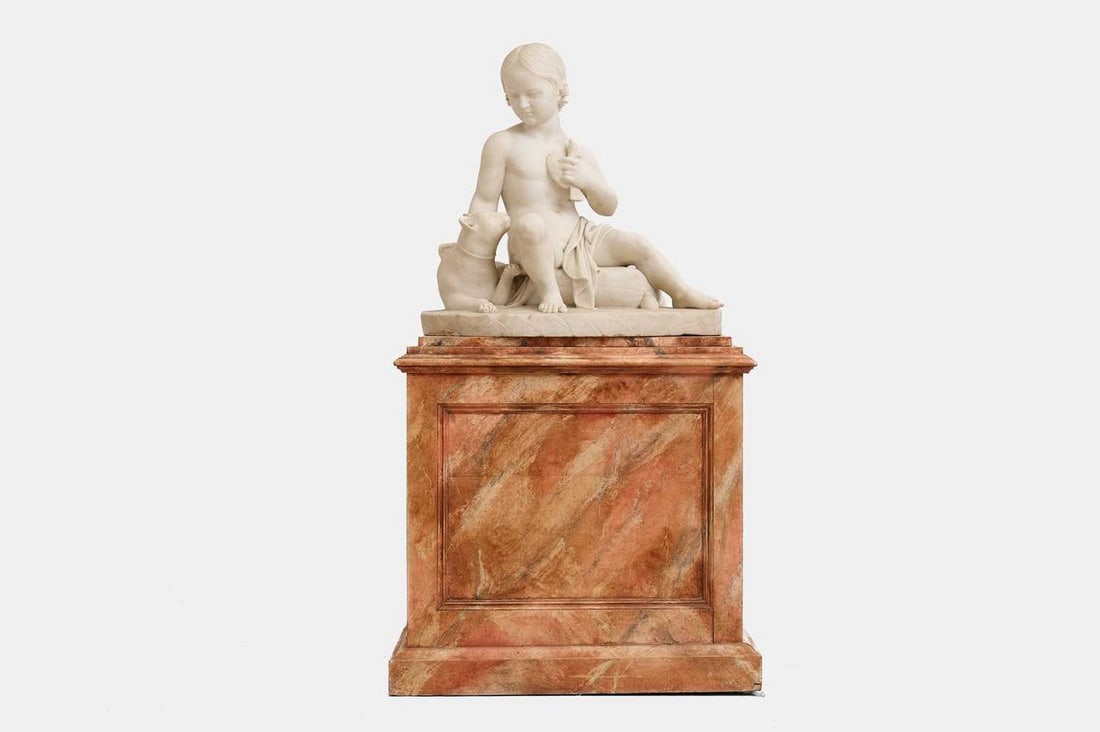 Attributed to Francesco Pozzi (Italian, 1779-1844), a carved marble figure group of a boy and a cat,: Attributed to Francesco Pozzi (Italian, 1779-1844), a carved marble figure group of a boy and a cat, mounted on a painted wood column base, simulating marble (73cm wide, 43cm deep, 68cm high; base 79c