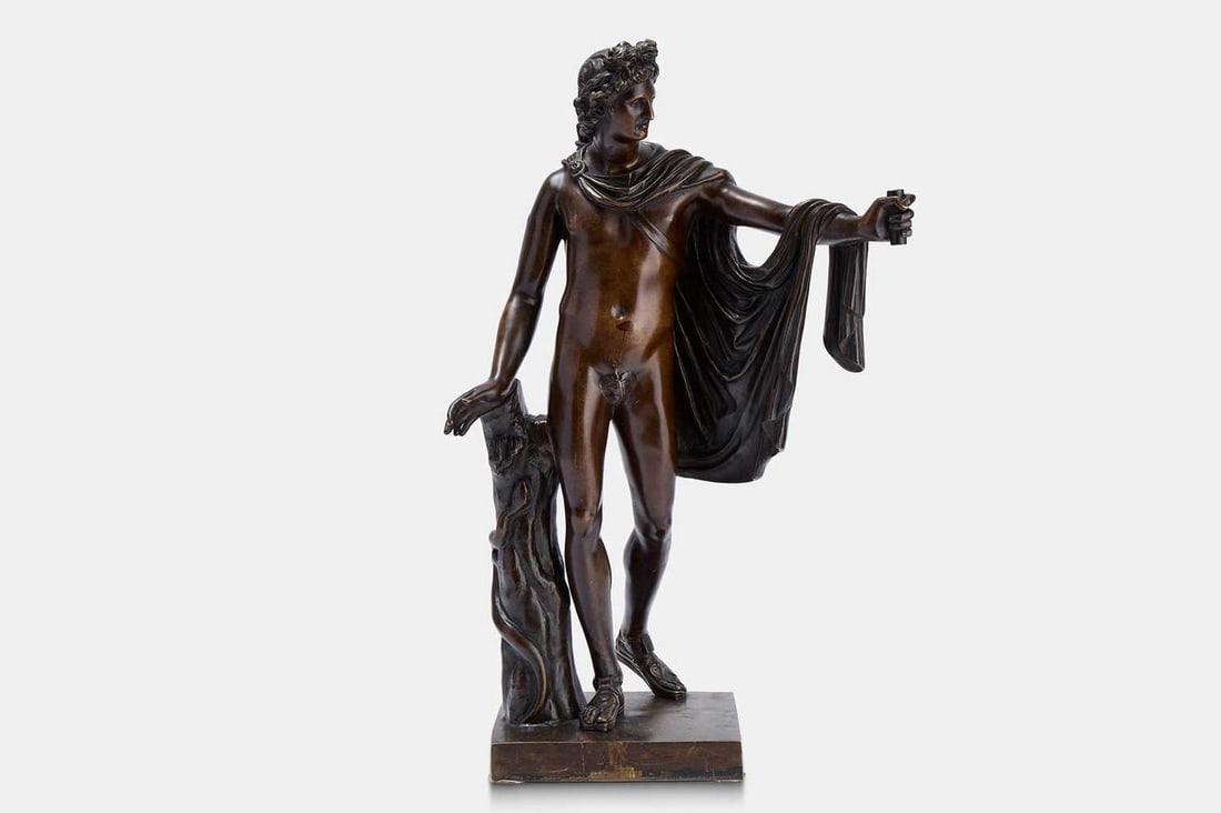 A patinated bronze figure of the Apollo Belvedere, late 19th/early 20th century, after the antique, (1 of 3)
