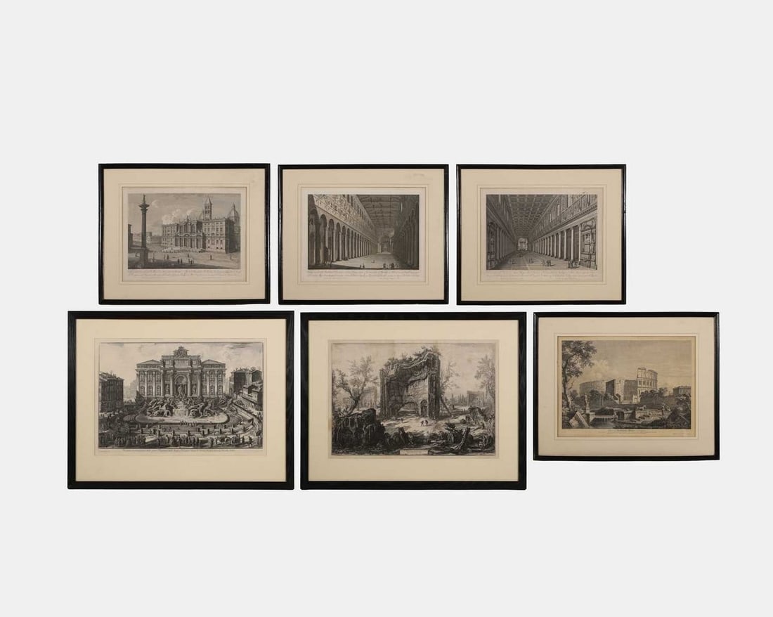 A group of six black and white engravings of Rome, 18th century,: A group of six black and white engravings of Rome, 18th century, depicting the Baths of Titus, St Peter's Basilica, the Colosseum, the Trevi Fountain and two of the Papal Basilica of St Mary the Great
