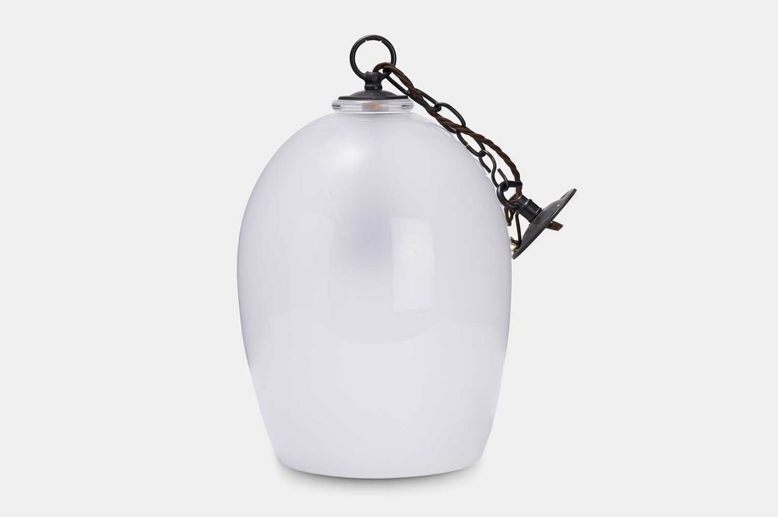 A large glass hanging lantern by Rose Uniacke, of recent manufacture,: A large glass hanging lantern by Rose Uniacke, of recent manufacture, the opaline shade of ovoid form (30cm wide, 43cm high) Condition Report: Cosmetically in very good condition overall. With light g