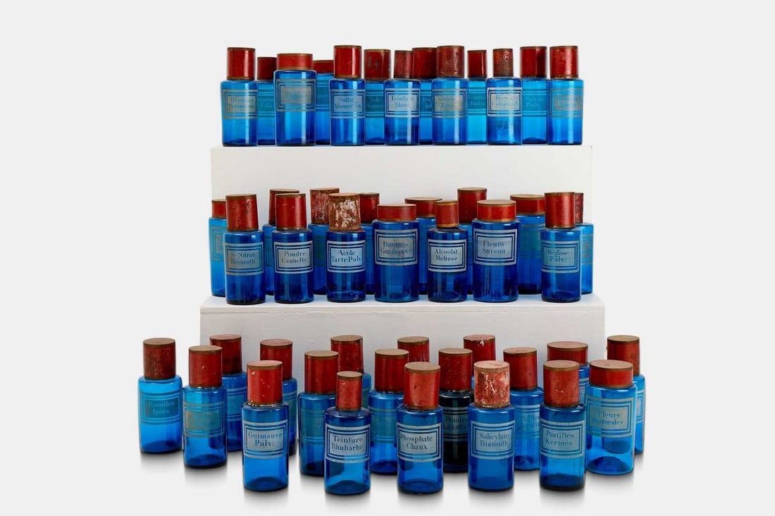 A group of forty-seven blue glass apothecary bottles and jars, late 19th century/early 20th century, (1 of 4)