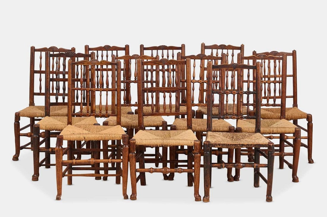 A set of twelve vernacular oak, ash and elm harlequin dining chairs, 19th century, Lancashire, (1 of 10)