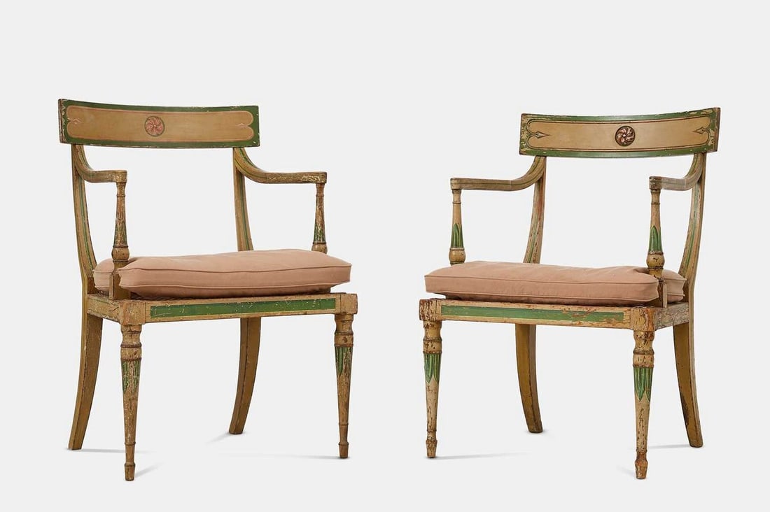 A near pair of Regency painted wooden klismos chairs, circa 1815, (1 of 4)