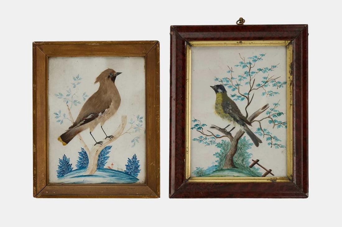 A pair of featherwork and watercolour bird pictures, 19th century, (1 of 2)
