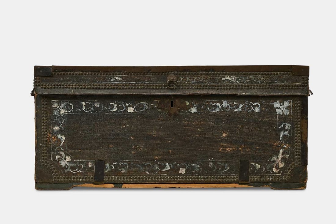 An export painted leather chest, late 19th century, Chinese, (1 of 5)
