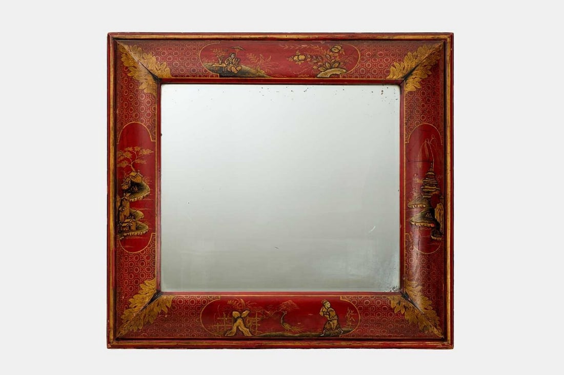 A William and Mary-style scarlet and gilt-japanned mirror, 19th century, (1 of 2)