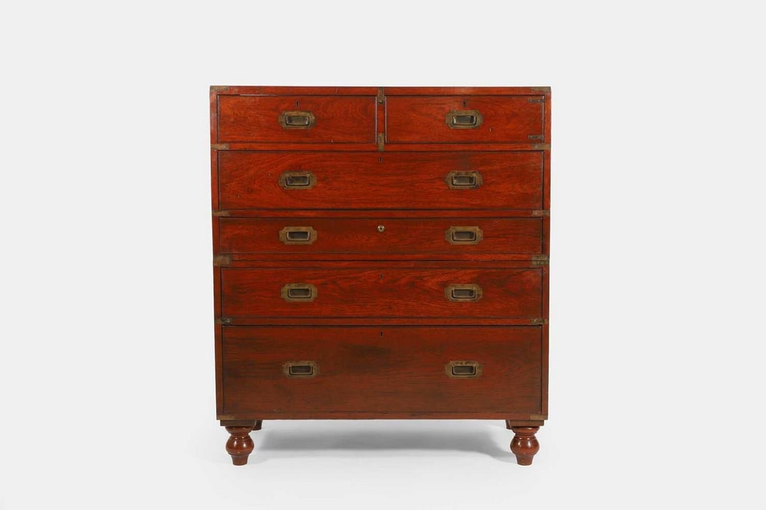 A Victorian teak and brass-bound campaign chest, 19th century, (1 of 4)