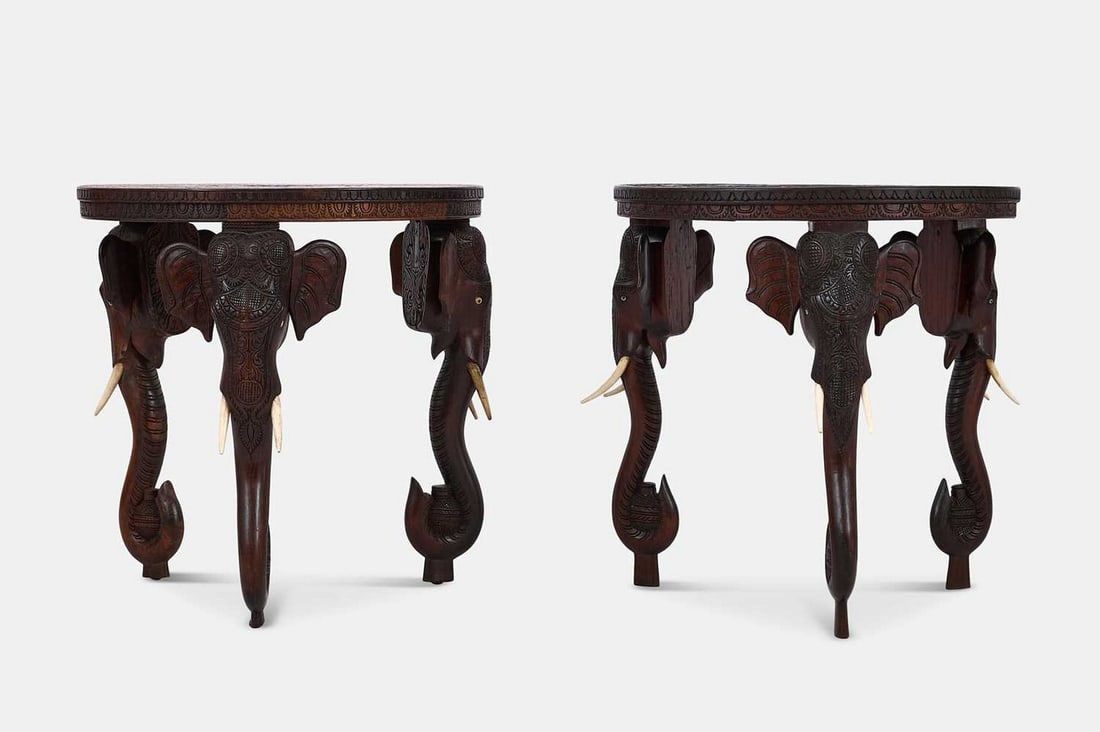 A near pair of carved teak, bone and ivory side tables, early 20th century, Indian, (1 of 7)