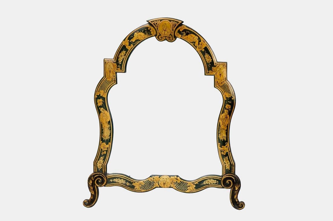 A Queen Anne-style green and gilt-japanned dressing table mirror, late 19th/early 20th century, (1 of 2)
