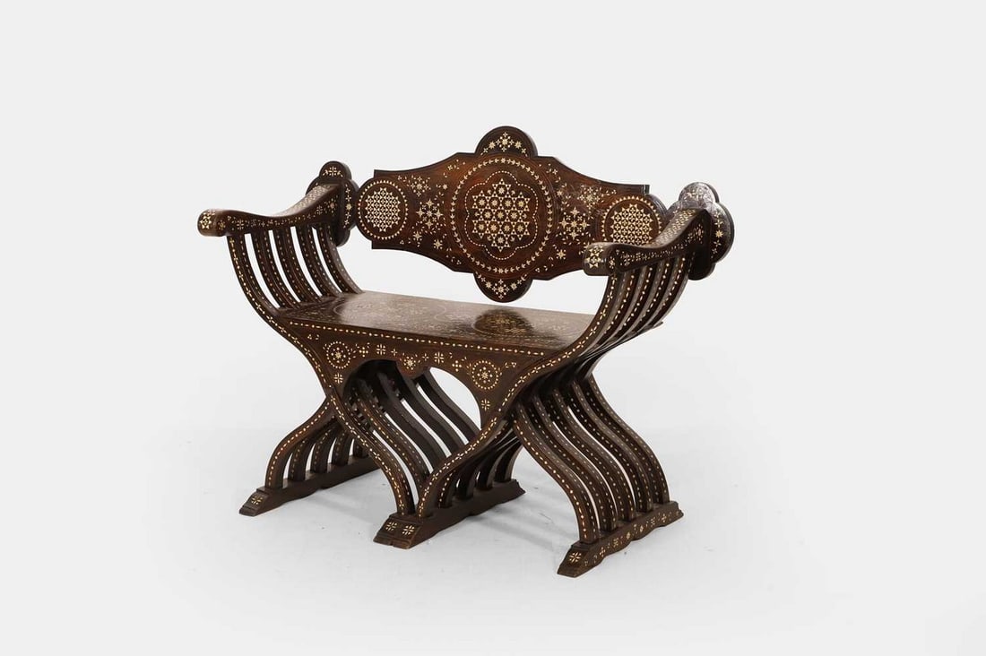 A Damascus-style walnut and bone-inlaid Savonarola settee, late 19th/ early 20th century, Italian, (1 of 4)